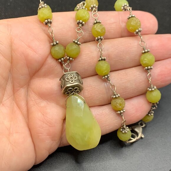 Sterling Silver 925 Lime Green Quartz Beaded Design Necklace Size 18'' Length - Picture 2 of 8